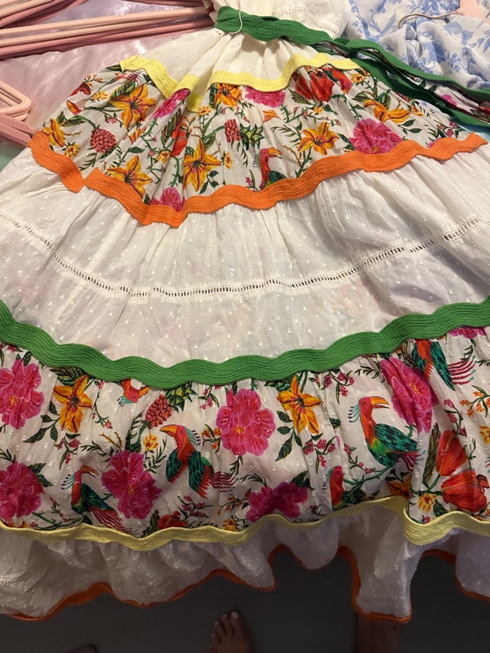 FARM Rio White Floral Tiered Maxi with Pink Trim and Green Tie - Picture 8 of 12
